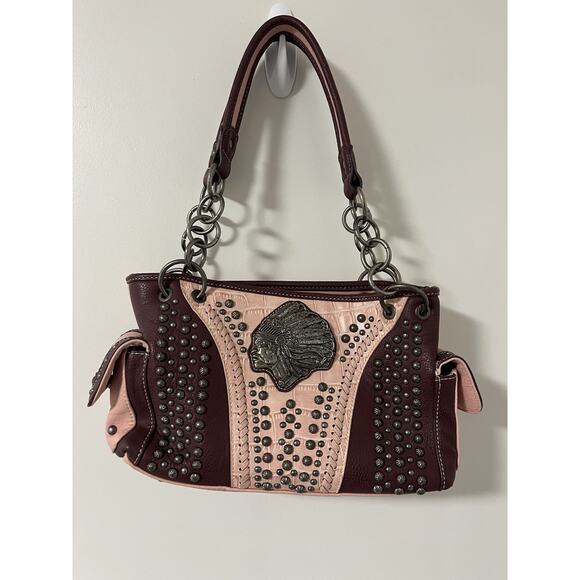 Montana West Designer Leather Studded Purse Native American‎ Chief Very Clean - Picture 1 of 9
